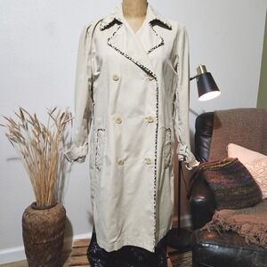 Identity by Lord & Taylor Trench Coat Size 2 Beige Leopard Trim Double Breasted